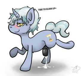 balls blue_body blue_fur blue_hair blush bodily_fluids cum cutie_mark dialogue erection feral fur genital_fluids genitals hair horn hourglass_(object) looking_at_viewer male multicolored_hair nude penis presenting simple_background smile solo standing text two_tone_hair white_background yellow_eyes backsash hasbro my_little_pony mythology equid equine mammal mythological_creature mythological_equine unicorn 2014 english_text