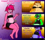 2017 absurd_res anthro apricot_(viroveteruscy) avian bear belly big_breasts bird bloated blush bottomwear breasts canid canine canis clothing comic cuculiform english_text female group hand_on_belly hi_res kiwi_(viroveteruscy) mammal midriff navel new_world_ground_cuckoo open_mouth plum_(viroveteruscy) profanity raspberry_(viroveteruscy) red_eyes roadrunner rodent rumbling_stomach sciurid sitting slightly_chubby sound_effects stuffing text topwear tree_squirrel url viroveteruscy warning_cream_filled wolf