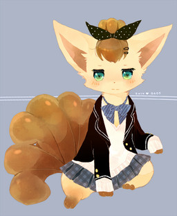 3_toes 6_tails abstract_background accessory ambiguous_gender auburn_hair auburn_tail black_clothing black_jacket black_ribbon black_topwear blazer blue_bottomwear blue_bow_tie blue_clothing blue_ribbon blue_skirt blush blush_lines bottomwear bow_tie brown_body brown_fur brown_hair brown_inner_ear brown_markings brown_tail clothed clothed_feral clothing digitigrade feet feral fully_clothed fully_clothed_feral fur gloves_(marking) green_eyes hair hair_accessory hair_ribbon hairclip heart_pupils heart_symbol jacket leg_markings looking_at_viewer markings multi_tail pattern_bottomwear pattern_clothing pattern_ribbon pattern_skirt paws plaid plaid_bottomwear plaid_clothing plaid_skirt pleated_skirt quadruped raised_hand ribbons sitting skirt socks_(marking) solo spotted_ribbon striped_ribbon sweater tail tan_body tan_fur toes topwear uniform white_clothing white_sweater white_topwear mineko nintendo pokemon canid canine generation_1_pokemon mammal pokemon_(species) vulpix 2014 dated digital_media_(artwork)