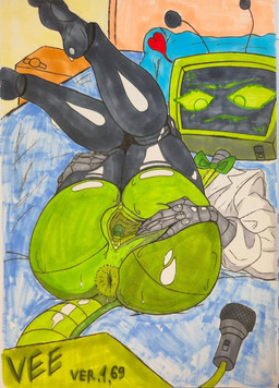 anus big_butt butt butt_focus female genitals lying machine on_back solo spread_vulva spreading vulva great_hendy blushcrunch_studio dandy's_world vee_(dandy's_world) humanoid robot robot_humanoid hi_res traditional_media_(artwork)