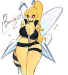 anthro beedrill big_breasts blonde_hair breasts cleavage clothed clothing female generation_1_pokemon hair hi_res midriff nintendo pokemon pokemon_(species) simple_background solo thick_thighs togetoge wings yellow_body
