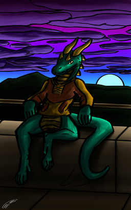 ambiguous_gender anthro clothed clothing detailed_background leaning leaning_backward looking_at_viewer outside sitting smile solo spread_legs spreading sun sunset tail tan_body turquoise_body fancypenguin32 mythology ika_(fancypenguin32) dragon ebb_(race) mythological_creature mythological_scalie reptile scalie absurd_res digital_drawing_(artwork) digital_media_(artwork) hi_res shaded female_(lore)