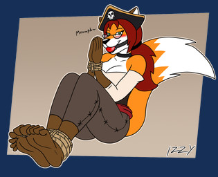 5_toes ankles_tied anthro ball_gag blush bound breasts brown_body brown_fur eyewear feet female fur gag gagged_talk glasses hair hands_tied humanoid_feet orange_body orange_fur pirate_hat plantigrade red_hair solo submissive submissive_female toe_restraints toes irkingir anne_mate canid canine fox mammal alpha_channel