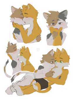 3_toes 4_fingers anthro bite_mark blush bodily_fluids boxer_briefs bruised chest_tuft clothed clothing covering covering_mouth cuddling duo feet fingers french_kissing fur gloves_(marking) hand_lick heart_symbol hickey hindpaw hug inner_ear_fluff kissing leg_markings licking male male/male markings neck_lick orange_body orange_fur paws pointy_ears prick_ears saliva socks_(marking) tail tail_markings toes tongue topless topless_anthro topless_male tuft underwear white_body white_fur kogito calico_cat domestic_cat felid feline felis mammal tabby_cat absurd_res hi_res