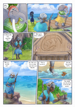 ambiguous_gender anthro biped black_body black_fur black_hair black_tail clothed clothing cloud dark_body dark_skin day dialogue dialogue_box docks ear_fins fin flower fur grey_body hair hat headgear headwear outside plant proboscis_(anatomy) sea speech_bubble split_form tail text trunk_(anatomy) water white_hair bjekkergauken mythology imbali_(bjekkergauken) isilo_(bjekkergauken) aquatic elephant elephantid humanoid mammal merfolk proboscidean unknown_species 2026 colored comic english_text hi_res