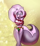 anthro bell big_breasts black_nose blue_eyes bound breasts female fur grey_body grey_fur hair holidays navel open_mouth solo white_hair shasheep christmas chloe_sinclaire mammal mephitid skunk hi_res