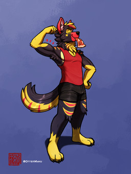 anthro black_bottomwear black_clothing black_shorts bottomwear clothed clothed_anthro clothed_male clothing eyes_closed flexing flexing_bicep food food_in_mouth male markings pizza red_clothing red_shirt red_tank_top red_topwear shirt shorts simple_background solo standing star_(marking) tail tank_top topwear fudatsu infernowolf canid canine canis mammal wolf hi_res