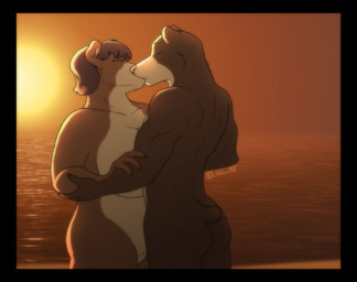 anthro anthro_on_anthro black_border border breasts brown_hair butt detailed_background duo female hair kissing love male male/female nude outside overweight romantic romantic_ambiance romantic_couple slightly_chubby sunset water spotty_the_cheetah mikhail_(spotty_the_cheetah) natasha_(spotty_the_cheetah) bear canid canine canis domestic_dog mammal 2010