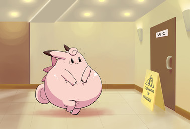 2_toes 3_fingers ambiguous_anthro ambiguous_gender anthro baseboard beady_eyes belly belly_expansion big_belly bladder_bulge bladder_inflation blush blush_lines ceiling curled_tail desperation dipstick_ears door door_handle ear_markings expansion feet fingers fur head_tuft huge_belly hyper inflation inside light lights multicolored_ears omorashi out_of_order pink_body pink_fur potty_dance pseudo_wings shaking solo tail toes trembling tuft wall_(structure) wall_lighting wet_floor_sign wings yellow_wall selphy6 nintendo pokemon clefable generation_1_pokemon pokemon_(species) colored digital_drawing_(artwork) digital_media_(artwork) english_description hi_res lighting shaded
