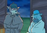 anthro clothed clothing detailed_background duo facial_hair hat headgear headwear kemono male mature_male mustache night sitting smoking ch_ia_ki sherlock_hound_(series) sherlock_hound watson_(sherlock_hound) canid canine canis domestic_dog mammal 2022