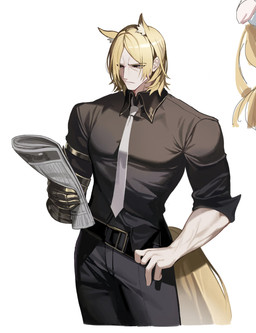 armor belt black_clothing black_topwear blonde_hair bottomwear clothing gauntlets gloves hair handwear holding_newspaper holding_object male muscular muscular_male necktie newspaper pants reading_newspaper simple_background solo tail topwear white_background mackerel_ness arknights hypergryph studio_montagne mlynar_(arknights) animal_humanoid equid equid_humanoid equine equine_humanoid horse_humanoid humanoid mammal mammal_humanoid 2025 absurd_res hi_res