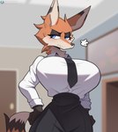 anthro big_breasts bottomwear breasts butt clothed clothing eyelashes female fur multicolored_body orange_body pupils shirt solo topwear cooliehigh ginger_(cooliehigh) canid canine fox mammal 2024 hi_res