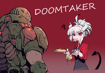 5_fingers apron armor candy chocolate clothing dessert duo eyebrows female fingers food food_in_mouth hair hair_bun holding_fork holding_object holding_plate horn looking_at_another male markings mole_(marking) not_furry pancake plate question_mark red_background red_eyes simple_background spade_tail tail text text_on_apron text_on_clothing text_on_topwear topwear white_body white_eyebrows white_hair white_horn white_skin karasu_chan doom_(series) helltaker id_software microsoft doom_slayer lucifer_(helltaker) demon demon_humanoid human humanoid mammal crossover english_text hi_res