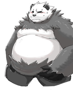 anthro belly black_body black_fur blush bodily_fluids fur kemono obese obese_anthro overweight overweight_anthro simple_background solo sweat white_background white_body white_fur iwano nintendo pokemon generation_6_pokemon pangoro pokemon_(species) 2015