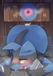 2021 ambiguous_gender anthro anus ass_up black_tail black_text blue_body blue_butt blue_ears blue_fur blush bodily_fluids butt detailed_background drooling fur generation_4_pokemon glory_hole heart_eyes heart_symbol hi_res japanese_text lucario lying mommomma114 nintendo on_front pink_anus pink_tongue pokemon pokemon_(species) saliva solo sweat tail tally_marks tears text tongue