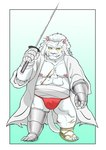 anthro asian_clothing bandage bandaged_arm belly big_belly clothing east_asian_clothing fundoshi fur humanoid_hands japanese_clothing kemono male moobs nipples overweight overweight_male pink_nose red_clothing red_fundoshi red_underwear scar simple_background solo underwear weapon white_body white_fur hysk felid lion mammal pantherine 2022