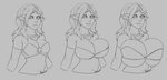 big_breasts bra breast_expansion breasts clothing content expansion expansion_sequence female growth hair happy inflation_bulb jewelry necklace not_furry smile solo squeezing underwear narusewolf elf humanoid mammal absurd_res half-length_portrait hi_res monochrome portrait