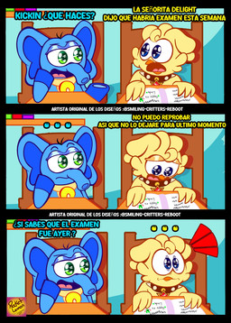 anthro blue_body collar duo green_eyes male studying text yellow_body rocketlennon mob_entertainment poppy_playtime smiling_critters bubba_bubbaphant kickinchicken avian bird chicken elephant elephantid galliform mammal phasianid proboscidean absurd_res comic hi_res spanish_text