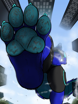 4_toes anthro claws dirty dirty_feet feet first_person_view foot_fetish foot_focus foot_play low-angle_view machine macro male pawpads paws soles solo toe_claws toes underfoot ramsseyhyena protogen absurd_res hi_res