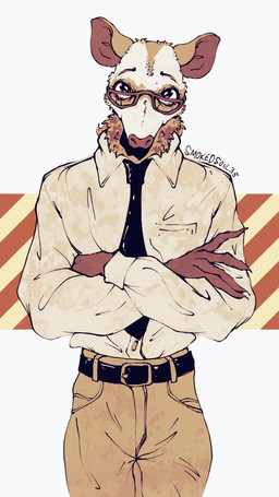 anthro bottomwear clothed clothing collared_shirt dress_pants dress_shirt fur looking_at_viewer male pants pose shirt simple_background smile solo standing text topwear smokedsoul35 smokedsoul35_(character) american_opossum mammal marsupial virginia_opossum 9:16 digital_media_(artwork) hi_res