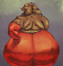 anthro big_butt brown_body brown_fur butt clothing dress ear_piercing female fur hand_on_butt huge_butt jewelry looking_at_viewer looking_back necklace obese obese_anthro obese_female overweight overweight_anthro overweight_female piercing rear_view red_clothing red_dress skin_folds solo tail thick_thighs wide_hips dudeman80085 forbes bear mammal hi_res