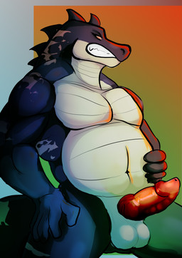 anthro biped erection genitals knot knotted_penis male male_anthro musclegut muscular overweight penis solo standing inffox crocodile crocodilian reptile scalie absurd_res hi_res