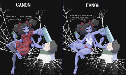 5_eyes 6_arms anthro arthropod_webbing barefoot black_background black_hair black_sclera bound breasts cleavage clothed clothing dialogue dress duo feet female front_view grey_clothing grey_legwear grey_thigh_highs gun hair heart_eyes heart_symbol holding_gun holding_money holding_object holding_ranged_weapon holding_weapon legwear male money multi_arm multi_eye multi_limb navel open_mouth open_smile panties purple_body ranged_weapon red_bow red_clothing red_dress red_panties red_underwear simple_background sitting small_breasts smile speech_bubble spider_web squish submissive submissive_male text thick_thighs thigh_highs thigh_squish topwear underwear weapon web_bondage white_clothing white_eyes white_topwear wide_hips boobazaur canon_vs._fanon undertale undertale_(series) muffet arachnid arthropod human mammal spider absurd_res english_text hi_res
