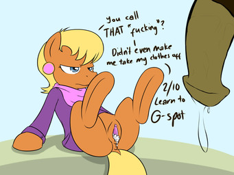 2013 after_sex animal_genitalia blonde_hair blue_eyes brown_fur clitoris clothing cum cum_in_pussy cum_inside dialog duo ear_piercing english_text equine female feral flaccid friendship_is_magic fur gaping gaping_pussy hair horse horsecock mammal ms_harshwhinny_(mlp) my_little_pony penis piercing pony pussy text unsatisfied vulapa
Rating: Explicit
Score: 14
User: Falord
Date: September 27, 2013