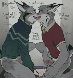5_fingers anthro athletic athletic_anthro athletic_male biped black_ear_tips black_eyebrows black_spots blue_eyes blush bodily_fluids bottomless briefs butt cheek_tuft circumcised claws clothed clothing collared_shirt countershading crooked_whiskers crouching dipstick_ears dipstick_tail dripping duo ear_markings erection eye_contact eyebrows facial_markings facial_tuft fangs fingers french_kissing fur genital_fluids genitals glans grey_body grey_fur hair half-closed_eyes hand_on_leg hand_on_penis head_markings humanoid_genitalia humanoid_penis inner_ear_fluff intraspecies kissing kneeling leaking_precum leaning looking_at_another looking_pleasured male male/male markings masturbation multicolored_ears narrowed_eyes neck_tuft open_mouth penile penile_masturbation penis pink_nose plantigrade polo_shirt precum precum_drip pubes saliva saliva_drip saliva_string shirt short_tail simple_background smile spots spread_legs spreading sweater tail tail_markings teeth text tongue tongue_out topwear topwear_only tuft underwear wet wet_clothing whiskers white_body white_fur yellow_eyes murizy disney echo_(game) echo_(series) echo_project zootopia pawbert_lynxley tj_hess canada_lynx felid feline lynx mammal 2025 colored crossover digital_drawing_(artwork) digital_media_(artwork) english_text hi_res watermark