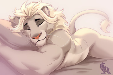 anthro bed eyes_closed fur furniture hair lying male mane muscular nude on_front smile solo tail tail_tuft tuft whiskers white_body omez felid lion mammal pantherine
