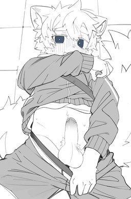anthro balls blush bodily_fluids bottomwear clothing covering covering_mouth erection fangs foreskin frenulum genitals high-angle_view humanoid_genitalia humanoid_penis kemono looking_at_viewer lying male on_back open_mouth penis pulling_pants_down shorts solo sweat teeth young young_anthro young_male eisuke_art mammal 2024 absurd_res hi_res monochrome