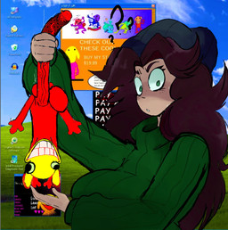anthro balls big_balls big_breasts big_teeth breasts bulging_eyes clothing creepy_smile duo eyebrows eyelashes female freckled_face freckles genitals green_clothing green_eyes green_sweater green_topwear hair holding_penis hoodie larger_female light_body light_skin long_hair long_penis looking_at_viewer male male/female penis pop_up price red_body shocked size_difference small_but_hung smaller_male smile sweater text topwear vein veiny_penis yellow_face charlesisok bliss_(image) creepypasta friday_night_funkin' microsoft microsoft_windows step_right_up:_adventure_isle windows_xp canid canine canis domestic_dog human mammal english_text hi_res icon