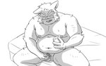 anthro balls bed belly bodily_fluids cellphone electronics furniture genitals humanoid_genitalia humanoid_hands humanoid_penis kemono male masturbation moobs navel nipples overweight overweight_anthro overweight_male penis phone sitting smartphone solo sweat oogamikennta third-party_edit canid canine canis domestic_dog mammal 2019 censor_removal_edit monochrome