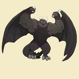 2_horns anthro claws clothing dark_body fingerless_gloves flexing gloves handwear horn male membrane_(anatomy) membranous_wings muscular muscular_anthro muscular_male shirt tail tank_top teeth topwear wings wrestling_singlet rickleone nintendo ring_fit_adventure dragaux 1:1 hi_res