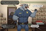 anthro bovid bovine bulge cape_buffalo chief_bogo clothing detailed_bulge dialogue disney duo english_text eyewear glasses hi_res lovkuma male mammal offscreen_character police police_uniform solo_focus speech_bubble text uniform zootopia