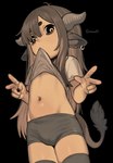 brown_hair bulge clothed clothing clothing_lift eye_bags femboy gesture hair hand_gesture horn long_hair looking_at_viewer male navel piercing simple_background solo tail v_sign gorarati taa-chan bovid humanoid mammal hi_res nonbinary_(lore)