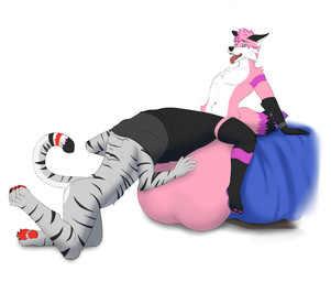 anthro balls big_balls big_penis black_penis body_in_urethra cock_vore duo fur genitals huge_balls huge_penis hyper hyper_balls hyper_genitalia hyper_penis male male/male penile penis pink_body pink_fur tongue tongue_out vore white_body white_fur aramisstargazer harvok_azir todderz_(character) canid canine felid fox mammal pantherine tiger hi_res