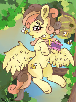 blush blush_lines feathered_wings feathers female feral flying food honey_(food) looking_at_viewer plant solo spread_wings tree wings anykoe hasbro my_little_pony mythology bee_love_(anykoe) arthropod bee equid equine hymenopteran insect mammal mythological_creature mythological_equine pegasus signature