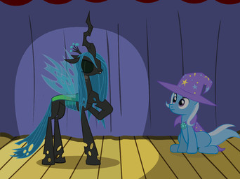 armor black_body black_feathers black_tie_(suit) blue_body blue_eyes blue_feathers bow_(feature) bow_tie cape clothing collar crown curtains cutie_mark duo fangs feathered_wings feathers female feral fire floor fur glowing glowing_eyes green_eyes green_hair hair hat headgear headwear heart_eyes heart_symbol helmet hole_(anatomy) horn insect_wings jewelry long_hair magic male necklace pupils purple_eyes quadruped red_eyes shirt_collar sitting slit_pupils spotlight stage straight_hair suit symbol-shaped_pupils tail teeth tongue tongue_out transformation unusual_pupils wings wizard_hat wood wood_floor evil-dec0y friendship_is_magic hasbro my_little_pony mythology discord_(mlp) fan_character fluffle_puff nightmare_moon_(mlp) prince_blueblood_(mlp) princess_luna_(mlp) queen_chrysalis_(mlp) trixie_(mlp) arthropod changeling_(mlp) chimera draconequus earth_pony equid equine horse mammal mythological_creature mythological_equine pony unicorn winged_unicorn 2014 2d_animation animated