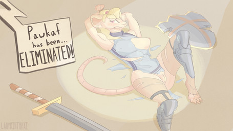 accessory anthro areola armor blush bound breasts clothing defeated dialogue ear_piercing ear_ring embarrassed female fur genitals hair hair_accessory melee_weapon nipple_outline nipples piercing ring_piercing shield simple_background solo speech_bubble spotlight sword tail text torn_clothing vulva weapon labyrinthkat pawkaf mammal mouse murid murine rodent 16:9 hi_res signature widescreen
