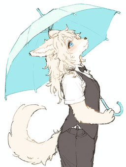 anthro black_bottomwear black_clothing black_pants black_topwear black_vest blonde_hair blue_eyes blue_umbrella bottomwear clothing female fur hair looking_up pants shirt simple_background smock solo t-shirt topwear umbrella upper_body vest waiter white_clothing white_shirt white_t-shirt white_topwear yellow_body yellow_fur eneki_sei bird_dog canid canine canis domestic_dog golden_retriever humanoid hunting_dog mammal retriever 3:4 portrait three-quarter_portrait
