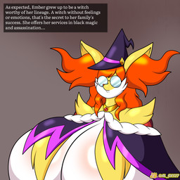 anthro big_breasts big_butt black_body black_fur breast_curtains breasts butt clothing curvy_figure eyewear female front_view fur glasses hair hat headgear headwear huge_breasts hyper hyper_breasts magic_user mature_anthro mature_female multicolored_body multicolored_fur orange_body orange_fur solo text white_body white_fur wide_hips witch witch_hat yellow_body yellow_fur al_gx nintendo pokemon ember_(al_gx) canid canine delphox fox generation_6_pokemon mammal pokemon_(species) 1:1 english_text hi_res