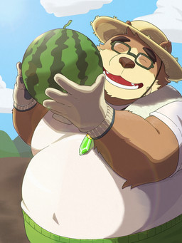 anthro belly bottomwear brown_body brown_fur clothing eyes_closed eyewear food fruit fur glasses hat headgear headwear humanoid_hands kemono male melon outside overweight overweight_male pants plant shirt solo straw_hat topwear watermelon o_miso_n lifewonders tokyo_afterschool_summoners volos_(tas) bear mammal 2021 3:4 hi_res
