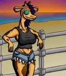 anthro aviator_glasses beach black_clothing black_shirt black_tank_top black_topwear blue_bottomwear blue_clothing blue_shorts bottomwear clothing cutoffs denim denim_bottomwear denim_clothing eyewear female fence fur fur_markings glasses hair half_shaved_head markings orange_body orange_fur orange_skin panties purple_hair sea seaside shirt shorts solo sunset tank_top topwear underwear water infiniteshades suzy_(infiniteshades) animal_humanoid giraffe giraffe_humanoid giraffid giraffid_humanoid humanoid mammal mammal_humanoid absurd_res hi_res