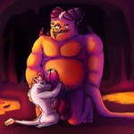 1:1 3_eyes 4_balls anthro balls big_dom_small_sub cavern demon dominant duo embrace genitals hi_res holding_head horn hug lava male male/male multi_balls multi_eye multi_genitalia penis penis_hug size_difference tail