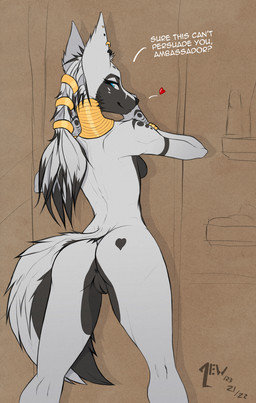 anthro anus asking asking_if_sure black_vulva butt dialogue ear_piercing female fur genitals glistening_heart gold_(metal) gold_jewelry hair hands_on_wall heart_(marking) heart_on_body heart_reaction heart_symbol humanoid_genitalia humanoid_vulva jewelry looking_back markings monotone_anus monotone_genitals nude piercing presenting presenting_anus presenting_hindquarters question questioning_tone rear_view simple_background smile solo standing text vulva white_body white_fur yes-no_question qew123 naomi_(qew123) canid canine canis mammal wolf 2021 english_text hi_res