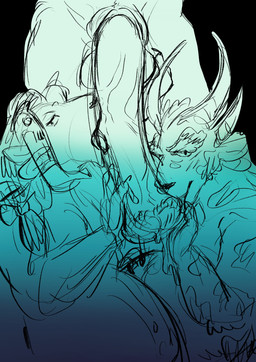 4_ears 4_horns animal_genitalia animal_penis anthro anthro_on_anthro ball_fondling balls big_balls big_penis biped collaborative collaborative_fellatio collaborative_oral collaborative_sex equine_genitalia equine_penis erection fellatio fondling genitals group group_sex horn huge_penis male male/male multi_ear multi_horn oral penile penis sex threesome trio baothghalach guild_wars charr felid mammal 2022 absurd_res digital_media_(artwork) hi_res sketch