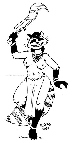 anthro bottomwear breasts clothed clothing facial_markings female gloves_(marking) head_markings holding_object holding_weapon leg_markings loincloth markings mask_(marking) navel nipples ring_(marking) ringed_tail socks_(marking) solo striped_markings striped_tail stripes tail tail_markings topless topless_female weapon whiskers tegerio belladonna_(tegerio) mammal procyonid raccoon 2024 black_and_white hi_res monochrome