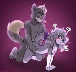 anthro between_legs blush breasts breath brown_body brown_eyes brown_fur clenched_teeth doggystyle duo ears_back ears_down enjoying female from_behind_position fur grey_body grey_fur hand_on_hip heart_symbol kneeling kneeling_position kneeling_sex male male/female moan penetration pivoted_ears purple_background purple_body purple_fur sex simple_background slim smug smug_face teeth vaginal vaginal_penetration white_body white_fur fuegopokato kato_(fuegopokato) rouven_(naughtyrouven) canid canine canis mammal wolf absurd_res colored colored_sketch flat_colors hi_res sketch