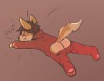 anthro blush bodily_fluids butt butt_flap chibi clothed clothing fur hair lying male on_front onesie open_flap simple_background solo sweat skymafia canid canine fennec_fox fox mammal true_fox 2018 digital_media_(artwork)